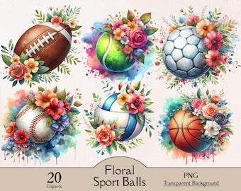 Watercolor floral sport balls, 20 PNG cliparts, floral baseball, basketball, soccer ball, volley ball, tennis ball, ice hockey, ball bundle