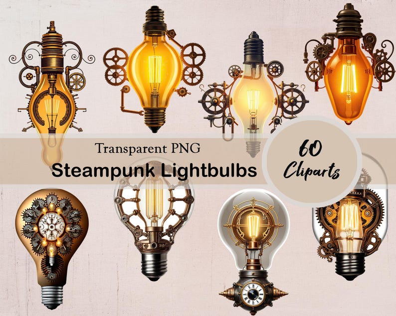 Steampunk Lightbulb Clipart, Junk Journal Clipart, 60 PNG Cliparts ...