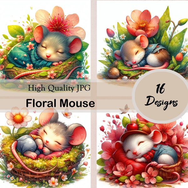 Floral mouse, spring mouse, laying, sleeping, 16 jpg, cute mouse, beautiful flowers, printing, digital, download, clipart, illustration