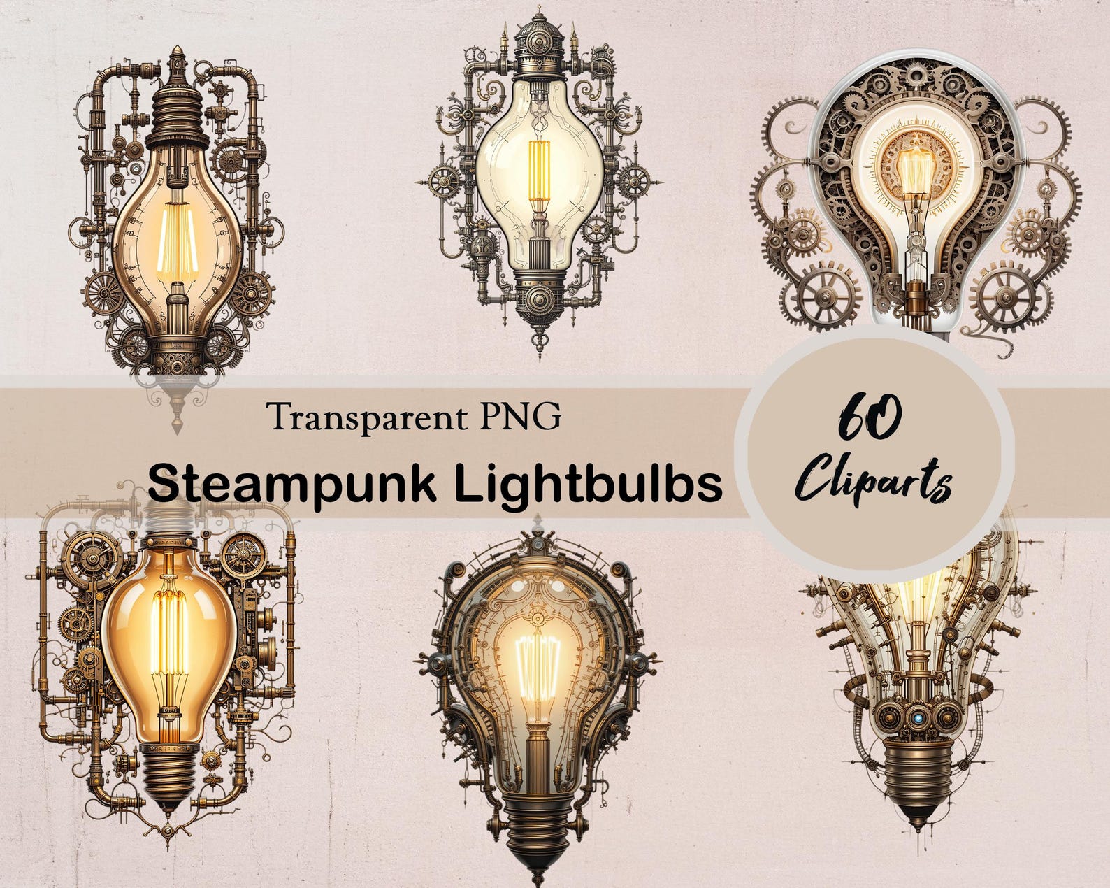 Steampunk Lightbulb Clipart, Junk Journaling Bundle, 60 PNG Cliparts ...