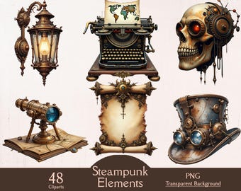 スチームパンクな乗り物、50個のPNGクリップアート、水彩画のスチーム