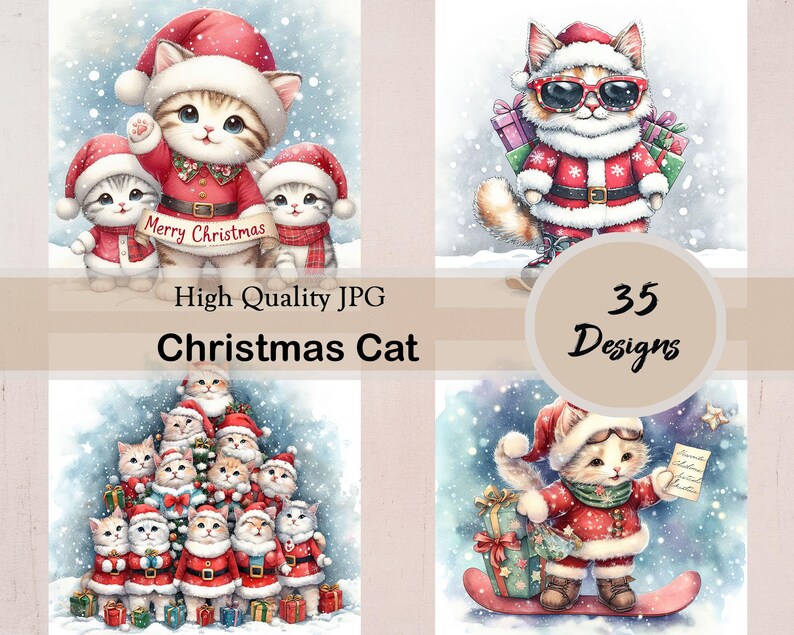 Christmas Cat, 35 JPG Images, Clipart, Cute Kitten, Christmas, Digital ...