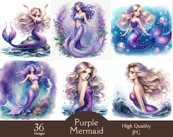 紫色の人魚、JPG画像36枚、人魚のイラスト、印刷可能な水彩画クリップ