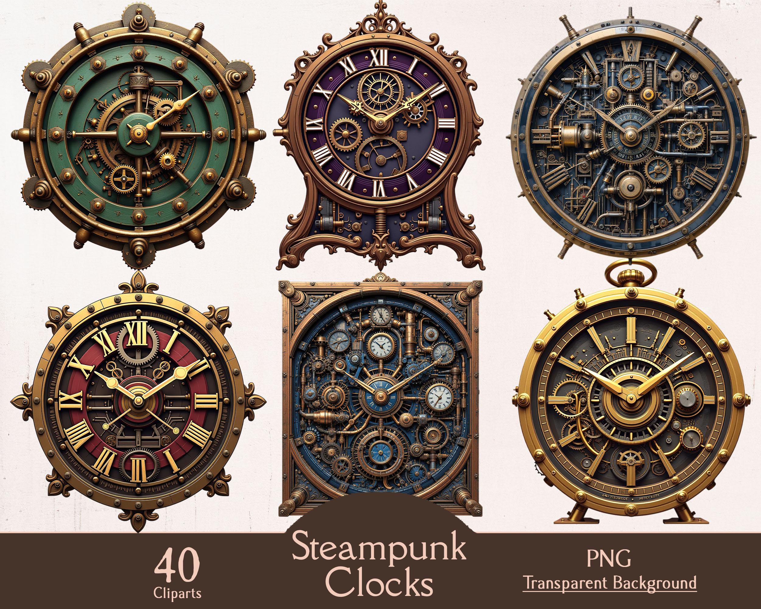 Steampunk Clock Clipart Ilustration, Timepiece Design, 40 PNG Cliparts ...