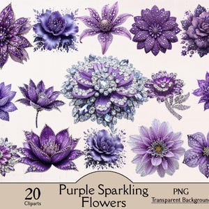 Lila funkelnde Blumen Clipart, Glitter Blumen, 20 PNG Cliparts, Hochzeit, Einladungskarte machen, lila Blumen, Dekor glitzernde Blumen