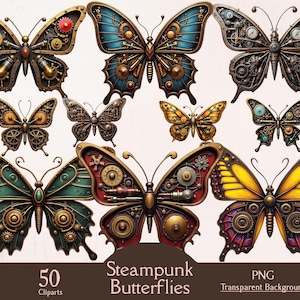 May include: A collection of steampunk-style butterfly clip art. The butterflies feature intricate mechanical designs with gears, cogs, and metallic accents in various colors, including gold, red, blue, and green. The image includes the text "Steampunk Butterflies" and "50 Cliparts".