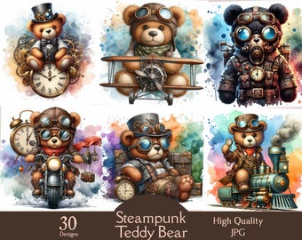 Steampunk teddy bear, watercolor, 30 JPG images, digital, clipart, steampunk, paper craft, fantasy, printable, junk journal, scrapbooking