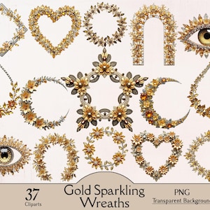 Gouden sprankelende krans clipart, gouden glitterkrans, 37 png-clipart, bloem met edelstenen, gouden bloemen, decor glitterbloemen, kaarten maken