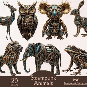 May include: A collection of steampunk animal cliparts, including a deer, owl, koala, rabbit, lion, elephant, and frog. Each animal is constructed from intricate gears, pipes, and metallic components, with teal and gold accents. The text "Steampunk Animals" is displayed.