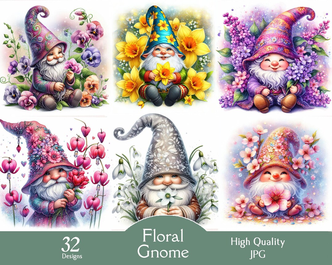 Watercolor Floral Gnome Illustration With Booming Flowers, Spring ...