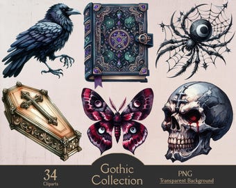 May include: A collection of gothic-themed clip art featuring a black raven, a detailed spell book, a spider with a crescent moon, a coffin, a butterfly, and a skull. The words "Gothic Collection" and "34 Cliparts" are also visible.