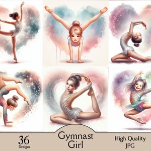 May include: A collection of six watercolor illustrations of young gymnasts in various poses, set against a backdrop of pastel-colored hearts and sparkling accents. The text "Gymnast Girl" and "36 Designs" is visible.