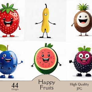Cartoon fruits, 44 JPG images, clipart, baby fruits, baby room, baby shower, funny fruits, paper craft, watercolor, wall art, printable