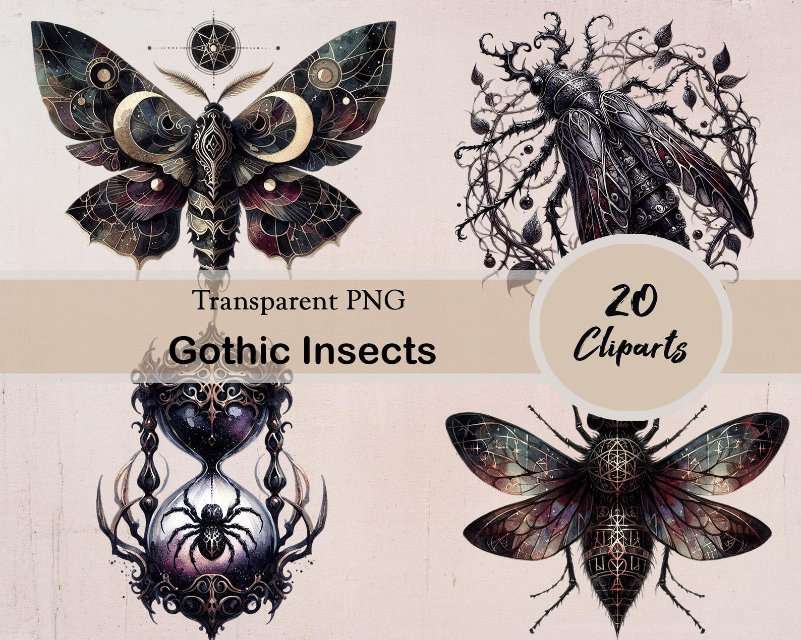 Gothic Insects Watercolor Gothic Insects Clipart Set, Dark Fantasy Art, Gothic Creepy ...