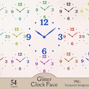Pode incluir: Uma coleção de 54 cliparts de mostradores de relógio com glitter em várias cores, incluindo verde, azul, vermelho e amarelo. Cada mostrador de relógio apresenta os números 12, 3, 6 e 9, com ponteiros apontando para diferentes horas. A imagem inclui o texto "Glitter Clock Face".