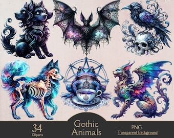 Animali gotici ad acquerello, 34 clipart PNG, animali eterei ad acquerello, arte gotica, animali gotici, clipart gotica, artigianato di carta, diario di scarto