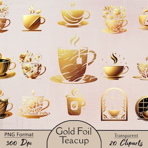 May include: A set of 20 gold foil teacup clipart images in PNG format, 300 DPI. The teacups are decorated with floral designs, tea bags, and stars. Some teacups are in windows or arches.