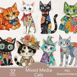以下が含まれることがあります： 様々なポーズやスタイルの8匹の猫のイラストコレクション。ミクストメディアの質感、カラフルなパッチワーク模様、花柄のアクセント、帽子、スカーフ、メガネなどのアクセサリーが特徴で、32 Mixed Media Cats PNGというテキストが含まれています。