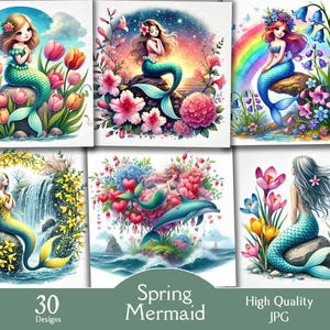 Spring mermaid, 30 jpg images, floral mermaid, flowers, blossoms, clipart, digital, download, sunset, flowers, junk journal, printable