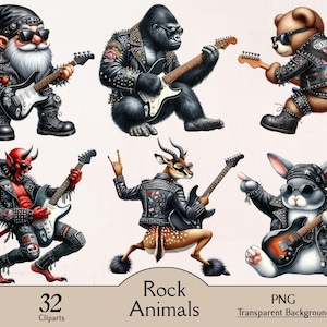 Aquarell Rock Tiere Clipart, 32 PNG Cliparts, Tiere spielen Rockmusik, lustige Tiere, Rock n Roll Symbol, Rock Clipart Bundle
