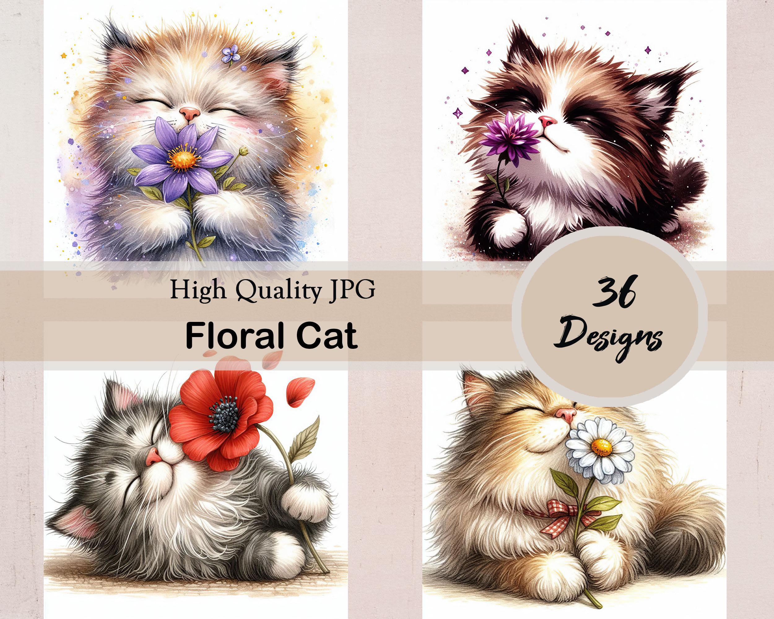 Watercolor Floral Cat Clipart, Cute Kitten With Flowers, 36 JPG Images ...