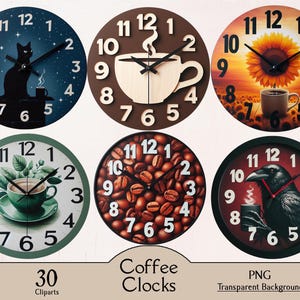 May include: Collection of six round wall clocks with various designs. The clocks feature images of a cat, coffee cup, sunflower, coffee beans, and a raven. The clocks have black hands and white numbers. The text "Coffee Clocks" is at the bottom.