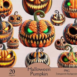Halloween pumpkin, 20 PNG cliparts, horror pumpkin, halloween, digital, clipart, decor, printable, jack o lantern, junk journal, paper craft