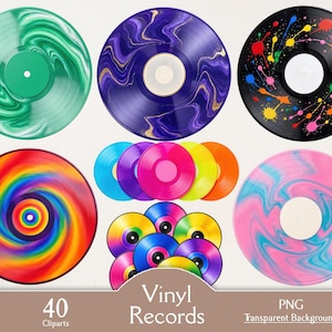 Può includere: Una collezione di quaranta illustrazioni digitali di dischi in vinile con vari motivi, tra cui vortici verdi, marmo viola, nero con schizzi di vernice colorata, spirali arcobaleno e disegni in marmo rosa e blu con il testo Vinyl Records.