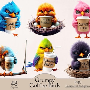 Grumpy coffee birds clipart, 48 PNG ciparts, funny birds, funny anials, quirky birds, quirky animals, digital illustration, commercial use