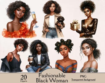 Imágenes prediseñadas de mujer negra a la moda, chica negra a la moda, 20 imágenes PNG, chica afro, imágenes prediseñadas de acuarela, diario basura, manualidades de papel, imprimible