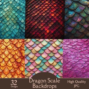May include: A collection of six dragon scale backdrops in various colors. The scales are arranged in an overlapping pattern, creating a textured effect. Colors include teal, red, orange, pink, purple, and iridescent. Text on the image reads "32 Designs", "Dragon Scale Backdrops", and "High Quality JPG".