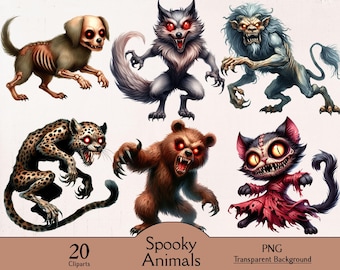 Peut inclure: Ensemble de 20 cliparts d'animaux effrayants, dont un chien squelettique, un loup menaçant, un léopard féroce, un ours grognant, un chat monstrueux et une créature à fourrure bleue. Chaque animal a des yeux rouges brillants et des dents acérées. Le texte "Spooky Animals" est affiché.