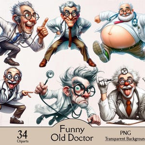 Op de afbeelding: Een verzameling van 34 cartoon cliparts met een grappige oude dokter in verschillende poses. De dokter heeft wit haar, een bril en een stethoscoop, en draagt een witte jas en stropdas. De tekst "Funny Old Doctor" en "PNG Transparent Background" zijn ook inbegrepen.