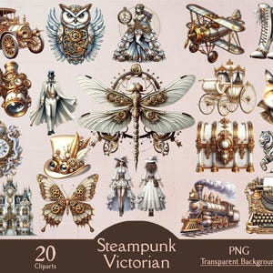 May include: A set of 20 steampunk Victorian clipart images with a transparent background. The images include a clock, a butterfly, a dragonfly, a train, a typewriter, a chest, a carriage, a cat, a tiger, a hat, a house, a car, an owl, a woman, and an airplane.