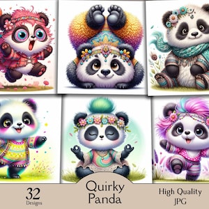 Panda peculiar, panda de dibujos animados, 32 imágenes JPG, guardería, habitación de bebé, panda divertido, animales peculiares, animales divertidos, animales de dibujos animados, manualidades de papel
