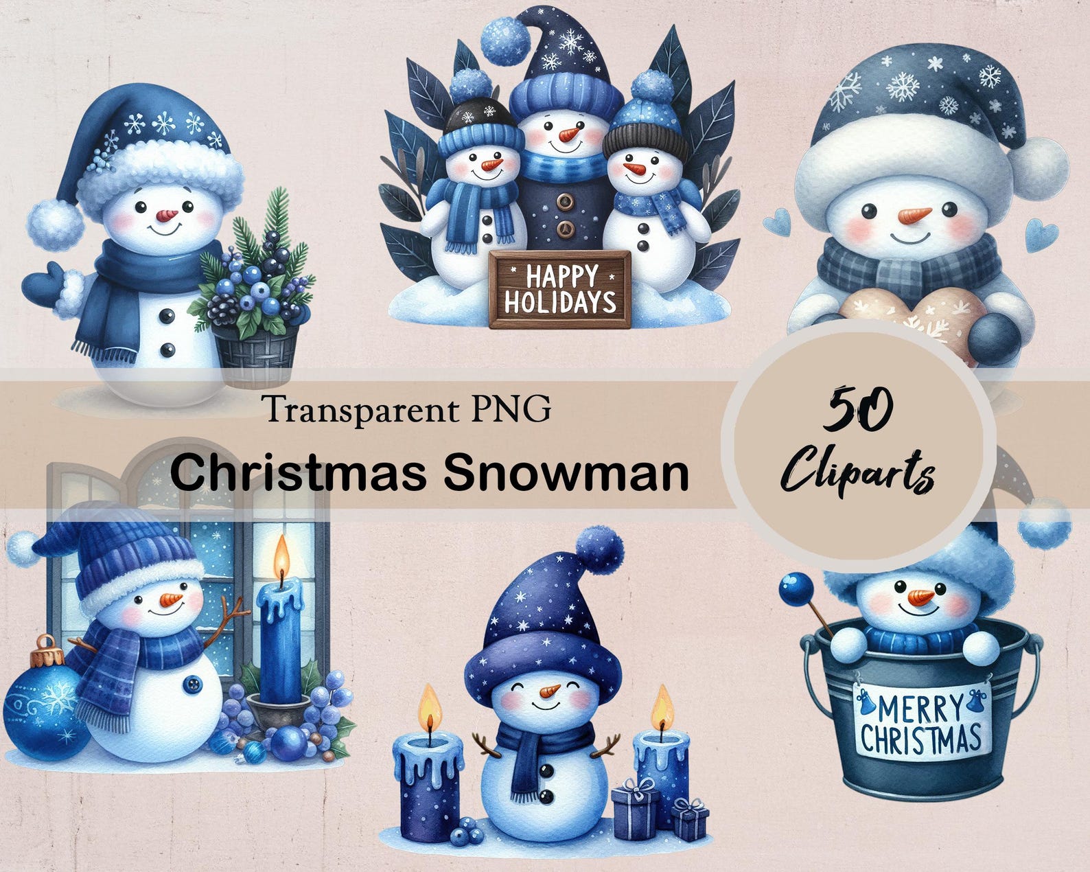 Christmas Snowman, 50 PNG Clipart, Blue Snowman, Winter Snowman ...