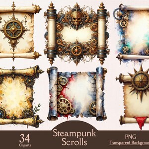 May include: Set of 34 digital clipart images of steampunk scrolls with intricate gears, cogs, and clockwork designs. The scrolls are in various styles and colors, including brown, gold, and blue. The scrolls are perfect for adding a vintage, industrial, and whimsical touch to your digital projects.
