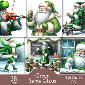 Green Santa Claus, 38 jpg images, Christmas Santa Claus, winter, Christmas clipart bundle, cute santa, digital, printable, junk journaling