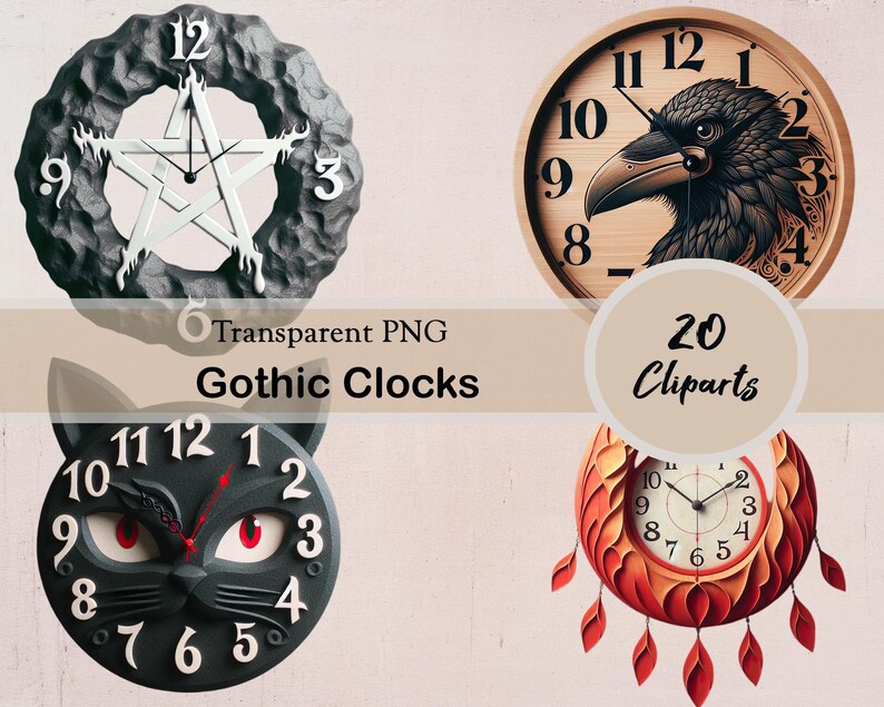 Gothic Clocks, 20 PNG Cliparts, Vintage Clocks, Magic, Clocks, Digital ...