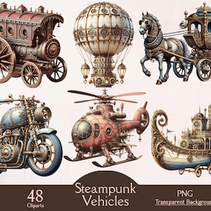 Steampunk vehicles, 48 PNG steampunk cliparts, watercolor, steampunk cars, steampunk collection, victorian, mechanical, vintage machinery