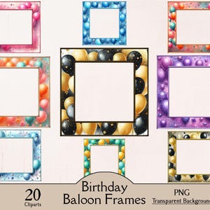 Peut inclure: Plusieurs cadres numériques carrés avec des motifs de ballons de différentes couleurs, dont le rose, le bleu, l'orange, le violet et l'or. Les cadres sont étiquetés "Birthday Balloon Frames" et sont des cliparts PNG avec un fond transparent.