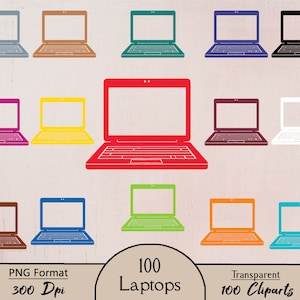 May include: 100 colorful laptop illustrations in PNG format, 300 DPI, transparent background.  Each laptop is a simple outline with a different color.