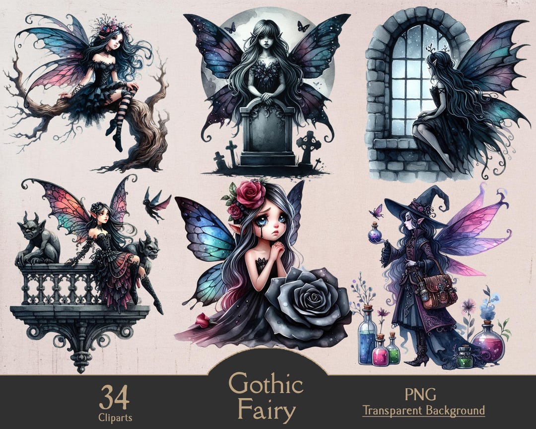 Watercolor Gothic Fairy, Dark Fairy, 34 PNG Cliparts, Digital, Fantasy ...