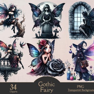 Puede incluir: Una colección de ilustraciones en acuarela que presentan hadas góticas con alas detalladas y atuendos oscuros. Las imágenes muestran hadas en varios entornos, como una rama de árbol, una lápida y una ventana. El texto en la parte inferior dice "Gothic Fairy" y "34 Cliparts".