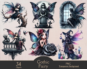 Hada gótica de acuarela, hada oscura, 34 imágenes PNG, digital, hada de fantasía, arte gótico, manualidades de papel, imágenes prediseñadas de hadas, imprimible, diario basura