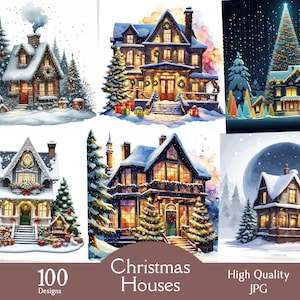 Christmas houses,100 jpg images, 4096x4096, christmas, winter, houses, snow, clipart, digital, download, printable, festive, winter houses