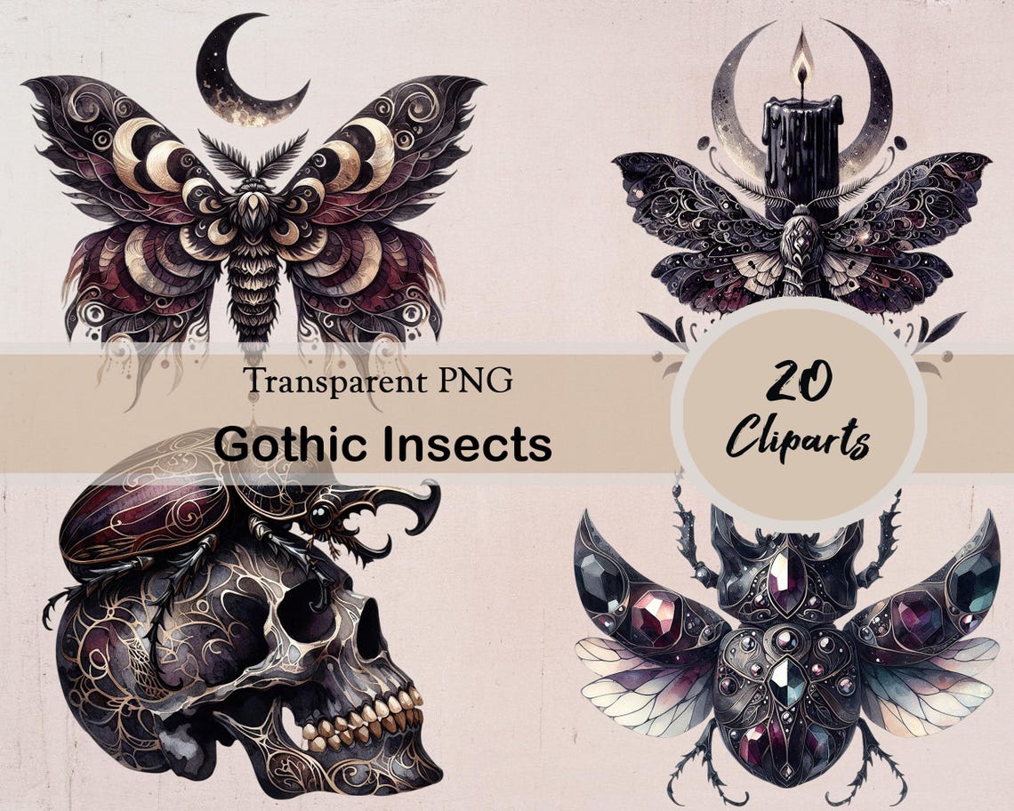Gothic Insects Watercolor Gothic Insects Clipart Set, Dark Fantasy Art, Gothic Creepy ...