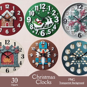 relógios de natal, 30 cliparts PNG, relógios de parede, relógios de mesa, digital, sublimação, relógios de papai noel, artesanato em papel, scrapbooking, relógios de inverno