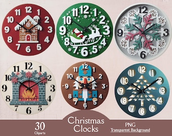 christmas clocks, 30 PNG cliparts, wall clocks, table clocks, digital, sublimation, santa clocks, paper craft, scrapbooking, winter clocks