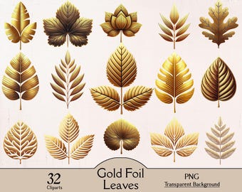 Gold foil leaves, 32 PNG cliparts, gold leaves, palm leaf, pine tree leaf, leaf clipart, golden leaf, silver leaf, tropical leaves,printable